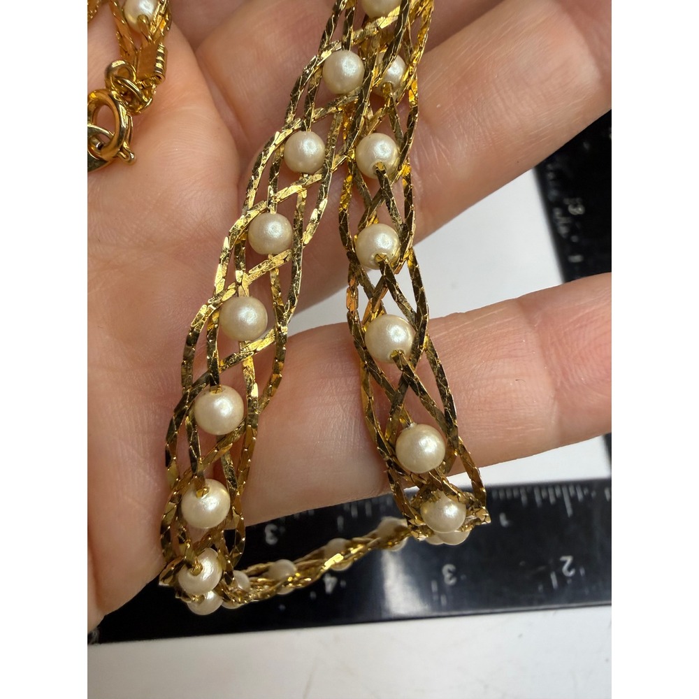 Vintage Avon Gold Tone Faux Pearl Lattice Trellis Triple Strand Necklace 18.5 In